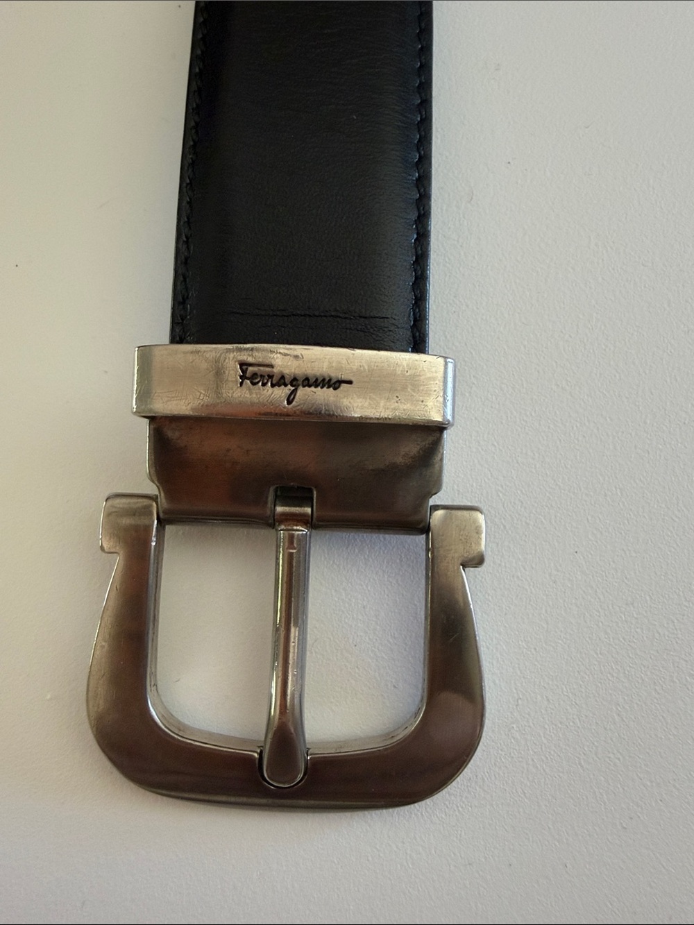 Salvatore Ferragamo Black Leather Belt with Silver-Tone Signature Buckle
